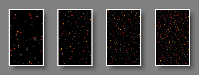 Fototapeta na wymiar Set of black paper mockup cards with small colorful rough dots. Made for invitation, web pages, apps, party flyer, simple web design