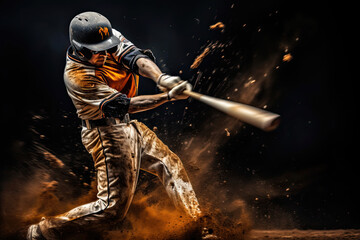 baseball swinging a batter with a bat, baseball player hitting ball hard - obrazy, fototapety, plakaty