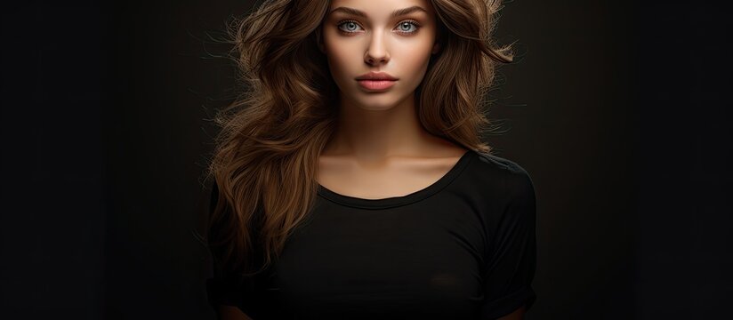 glamorous studio a young and attractive girl wearing a black shirt radiated beauty and light in her fashion portrait photo captivating viewers with her stunning allure as a model