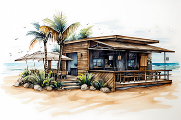 Fototapeta premium Watercolor sketch and lines of the exterior of a coffee shop building on the beach