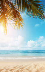 Hermosa imagen de fondo de la playa tropical. Brillante sol de verano sobre el océano. Cielo azul con nubes claras, océano turquesa con olas , palmeras y arena blanca . Armonía de un ambiente limpio