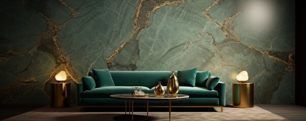 An image of an elegant room featuring gold and green marble stone textured wallpaper, creating a sophisticated and lavish backdrop for any setting.