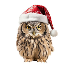A wise old owl perched on a branch, donning a miniature Christmas hat. on transparent background.