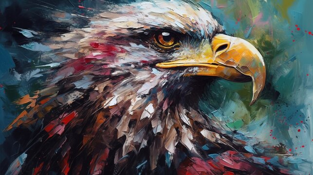 Colourful painting of an american eagles head.