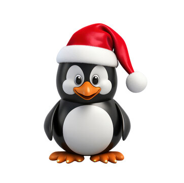 Cheerful penguin, sporting a tiny red Christmas hat.on transparent background.