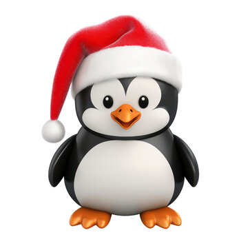 Cheerful penguin, sporting a tiny red Christmas hat.on transparent background.