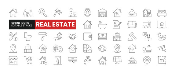 Set of 50 Real Estate line icons set. Real Estate outline icons with editable stroke collection. Includes Home, Budget, Location, Contract, Renovation, and More.