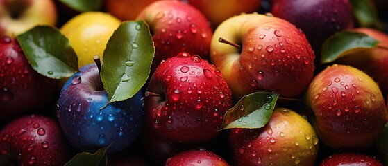 Top view of bright ripe fragrant red apples with water drops as background. - obrazy, fototapety, plakaty