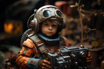 Young Explorer in Retro-Futuristic Pilot Gear Amidst a Dystopian Backdrop