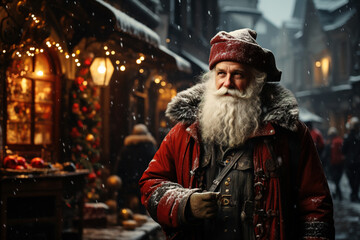 Fototapeta na wymiar Festive Winter Portrait: Joyful Man with White Beard in Snowy Town