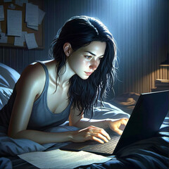 Beautiful dark-haired young woman wearing casual attire working on her laptop computer on her bedroom in a dimly-lit room at night.