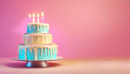 birthday cake with candles on pink background