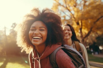 Fototapeta premium Smiling adult african american young woman carrying her friend on her back in park at day