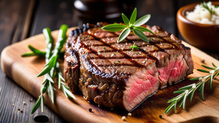 scene a sizzling beef steak succulent beef steak is beautifully plated with a sprinkle of fresh herbs, showcasing its juicy, medium-rare perfection, juicy texture and rich marbling of the meat - obrazy, fototapety, plakaty