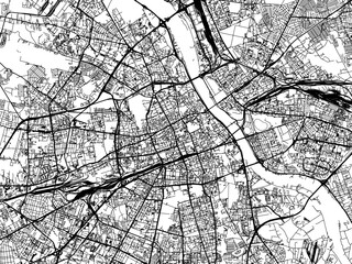 Vector road map of the city of Warsaw in Poland with black roads on a white background.