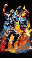 Fototapeta na wymiar black boy and girl dancing hip hop style, grafitti background