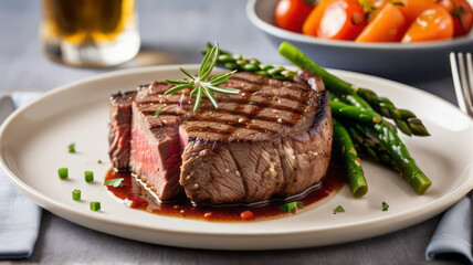 scene a sizzling beef steak succulent beef steak is beautifully plated with a sprinkle of fresh herbs, showcasing its juicy, medium-rare perfection, juicy texture and rich marbling of the meat