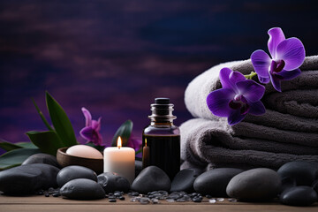 Spa composition with essential oil, violet flowers and towels