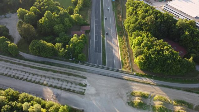 German highway aerial top view near Munich with car traffic