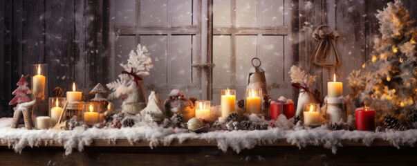 A Festive Holiday Setup: Table of Candles Illuminating a Christmas Tree Scene