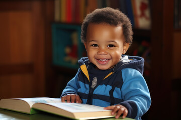 jeune enfant heureux en train de lire un livre, absorbé, captiver par sa découverte de la lecture - obrazy, fototapety, plakaty