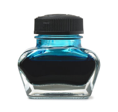 Front view of glass inkwell with blue ink
