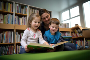 jeunes enfants qui lisent un livre en compagnie d'un adulte dans une bibliothèque