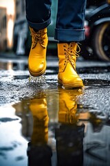 Female wearing rubber boots walking through puddles on city street. AI generated.