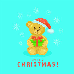 A light brown bear cub in a New Year's red hat with a pompom holds in its paws a green gift box with a red bow on a square blue background with the inscription MERRY CHRISTMAS. Vector illustration.