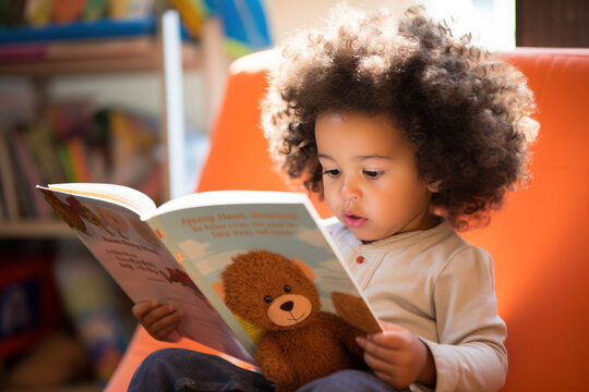 jeune enfant heureux en train de lire un livre, absorbé, captiver par sa découverte de la lecture
