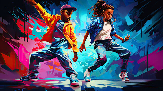 black boy and girl dancing hip hop style, grafitti background
