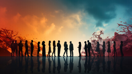 Silhouettes of business people standing in a row. 3D rendering.