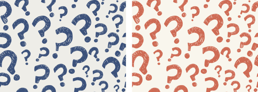 Random sign question marks seamless pattern background. Backdrop interrogation doodle style.Questionnaire wallpaper.Concept of choice or problem or question or doubt or interrogation. Faq