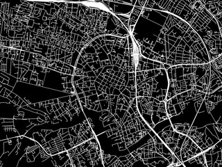 Vector road map of the city of Krakow city center in Poland with white roads on a black background.