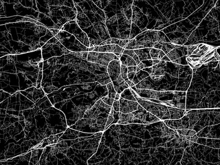Vector road map of the city of Krakow in Poland with white roads on a black background.