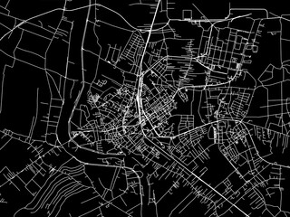 Vector road map of the city of Mielec in Poland with white roads on a black background.