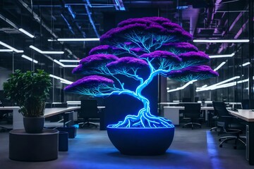 A neon bonsai tree in a modern office area provides a calm, creative atmosphere.