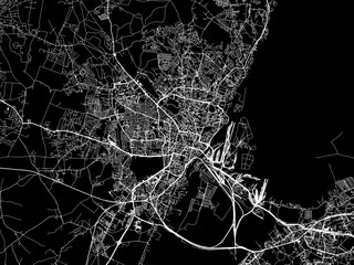 Vector road map of the city of Szczecin in Poland with white roads on a black background.