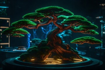 A ring of neon lights encircles a bonsai, producing a captivating ring of radiance.