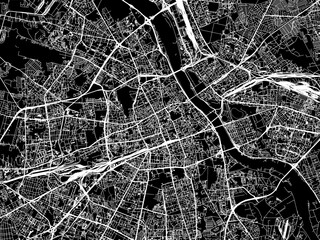 Vector road map of the city of Warsaw in Poland with white roads on a black background. - obrazy, fototapety, plakaty