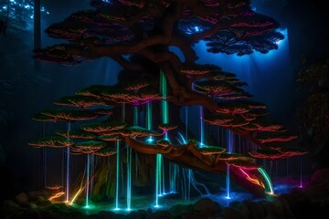  Neon lights cascading down the trunk of a bonsai, resembling a waterfall of colors.