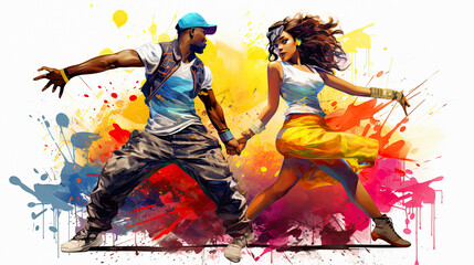 black boy and girl dancing hip hop style, grafitti background - obrazy, fototapety, plakaty