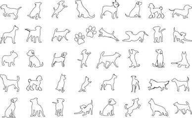 Dog line art vector illustration set, showcasing various breeds in unique poses. Ideal for pet lovers, dog-themed designs. Features poodle, dalmatian, bulldog, terrier, labrador, retriever, beagle, ch - obrazy, fototapety, plakaty