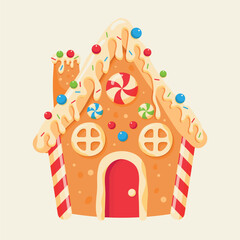 Christmas gingerbread house, Christmas sweets and gifts.  Vector illustration. Christmas card design with a gingerbread house. Gingerbread house with candy and lollipops.  Gingerbread for bakery