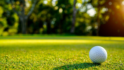 Golf ball on green grass in the evening golf course with sunshine background.
