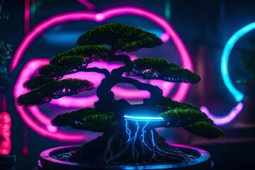 A close-up of neon lights wrapped around a bonsai's base, creating a neon halo effect