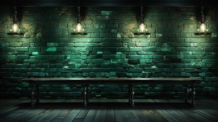 Empty green brick wall with a table and light bulbs.