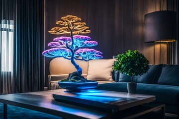 A neon bonsai tree as the focal point of a contemporary living space adds a futuristic touch.
