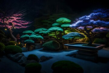 At night, the soothing glow of neon bonsai lights illuminates a tranquil Japanese garden.