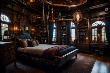 A bedroom featuring mechanical devices, gears, and Victorian-era furniture, inspired by steampunk. - obrazy, fototapety, plakaty